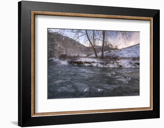 Snow covered landscape and icy river, Blue Ridge Mountains, North Carolina, United States of Americ-Jon Reaves-Framed Photographic Print