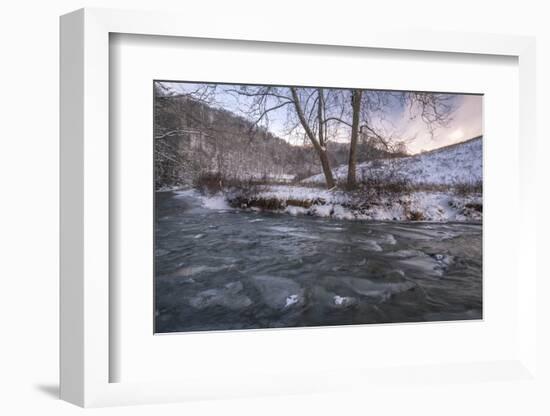 Snow covered landscape and icy river, Blue Ridge Mountains, North Carolina, United States of Americ-Jon Reaves-Framed Photographic Print