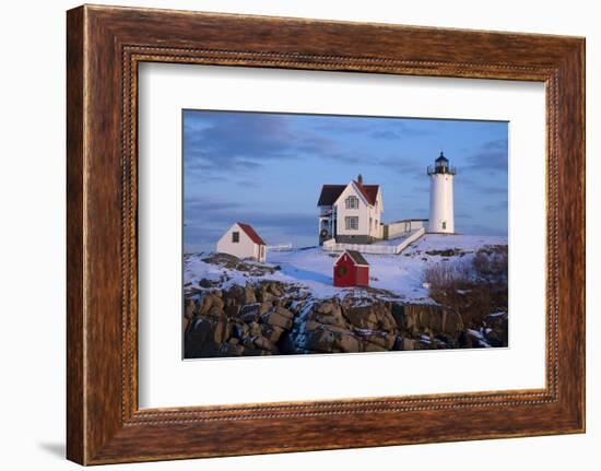 Snow Covered Lighthouse during Holiday Season in Maine.-Allan Wood Photography-Framed Photographic Print