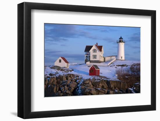 Snow Covered Lighthouse during Holiday Season in Maine.-Allan Wood Photography-Framed Photographic Print