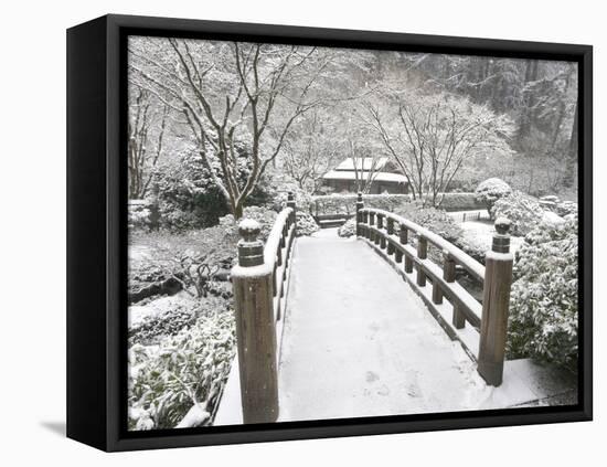 Snow-Covered Moon Bridge, Portland Japanese Garden, Oregon, USA-William Sutton-Framed Premier Image Canvas