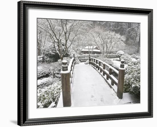 Snow-Covered Moon Bridge, Portland Japanese Garden, Oregon, USA-William Sutton-Framed Photographic Print