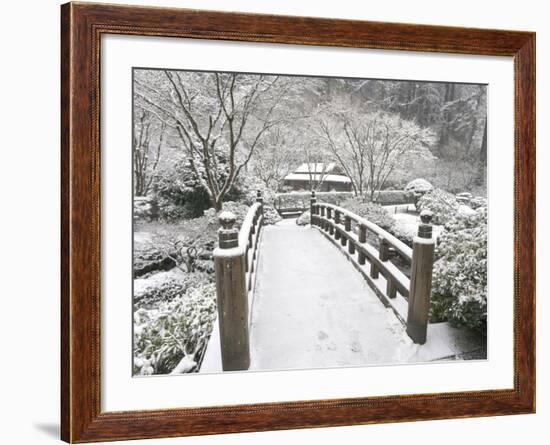 Snow-Covered Moon Bridge, Portland Japanese Garden, Oregon, USA-William Sutton-Framed Photographic Print