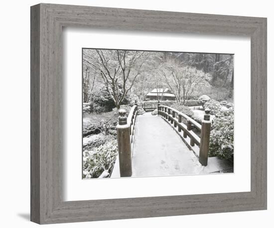 Snow-Covered Moon Bridge, Portland Japanese Garden, Oregon, USA-William Sutton-Framed Photographic Print