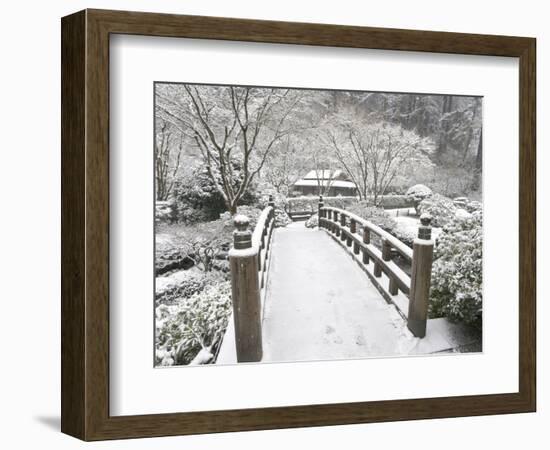 Snow-Covered Moon Bridge, Portland Japanese Garden, Oregon, USA-William Sutton-Framed Photographic Print