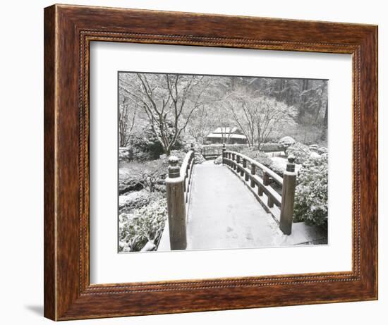 Snow-Covered Moon Bridge, Portland Japanese Garden, Oregon, USA-William Sutton-Framed Photographic Print