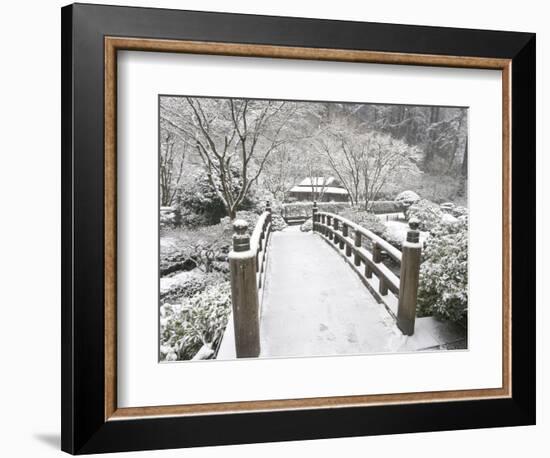 Snow-Covered Moon Bridge, Portland Japanese Garden, Oregon, USA-William Sutton-Framed Photographic Print