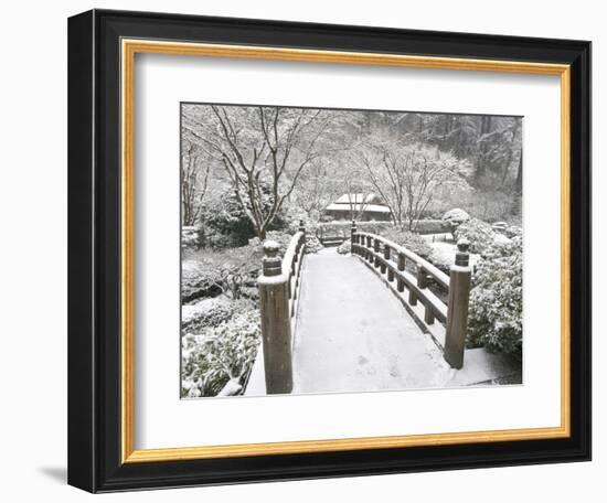 Snow-Covered Moon Bridge, Portland Japanese Garden, Oregon, USA-William Sutton-Framed Photographic Print