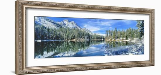 Snow covered mountain and trees reflected in lake, Grand Tetons, Wyoming, USA-Panoramic Images-Framed Photographic Print