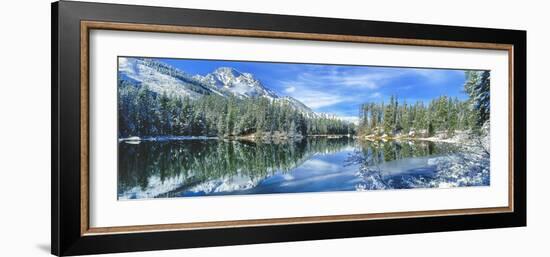 Snow covered mountain and trees reflected in lake, Grand Tetons, Wyoming, USA-Panoramic Images-Framed Photographic Print