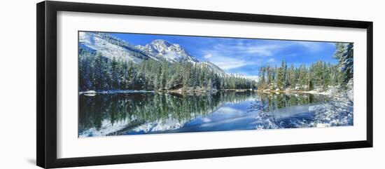 Snow covered mountain and trees reflected in lake, Grand Tetons, Wyoming, USA-Panoramic Images-Framed Photographic Print