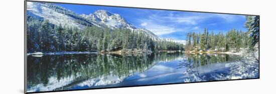 Snow covered mountain and trees reflected in lake, Grand Tetons, Wyoming, USA-Panoramic Images-Mounted Photographic Print