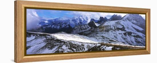 Snow covered mountain range against cloudy sky, Bugaboo Provincial Park, British Columbia, Canada-Panoramic Images-Framed Premier Image Canvas