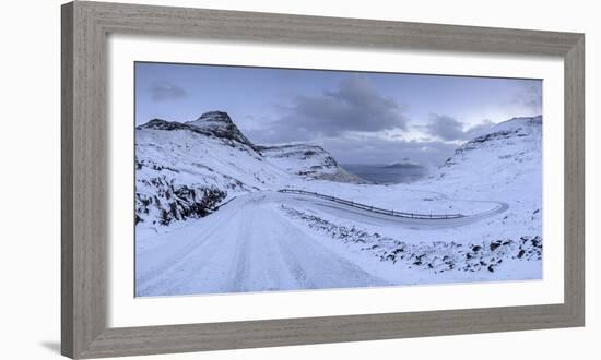 Snow covered mountain road on the Island of Streymoy, Faroe Islands, Denmark, Europe. Winter (March-Adam Burton-Framed Photographic Print