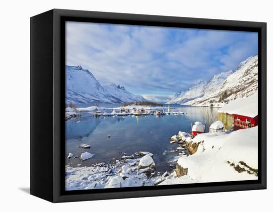 Snow Covered Mountains, Boathouse and Moorings in Norwegian Fjord Village of Ersfjord, Kvaloya Isla-Neale Clark-Framed Premier Image Canvas