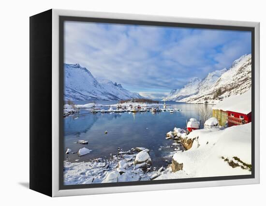 Snow Covered Mountains, Boathouse and Moorings in Norwegian Fjord Village of Ersfjord, Kvaloya Isla-Neale Clark-Framed Premier Image Canvas