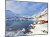 Snow Covered Mountains, Boathouse and Moorings in Norwegian Fjord Village of Ersfjord, Kvaloya Isla-Neale Clark-Mounted Photographic Print