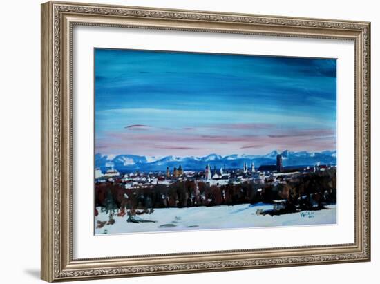 Snow covered Munich Winter Panorama with Alps-Markus Bleichner-Framed Art Print