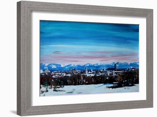 Snow covered Munich Winter Panorama with Alps-Markus Bleichner-Framed Art Print