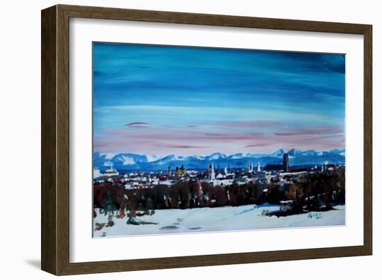 Snow covered Munich Winter Panorama with Alps-Markus Bleichner-Framed Art Print