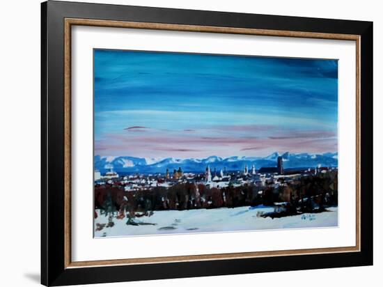 Snow covered Munich Winter Panorama with Alps-Markus Bleichner-Framed Art Print