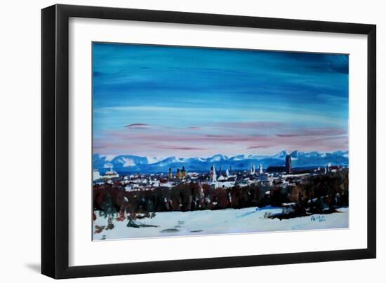 Snow covered Munich Winter Panorama with Alps-Markus Bleichner-Framed Art Print