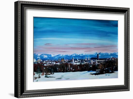 Snow covered Munich Winter Panorama with Alps-Markus Bleichner-Framed Art Print