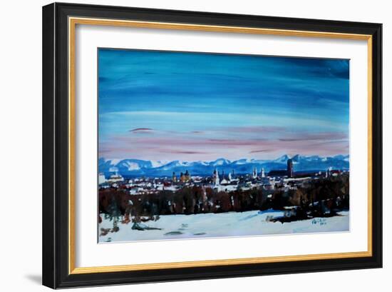 Snow covered Munich Winter Panorama with Alps-Markus Bleichner-Framed Art Print