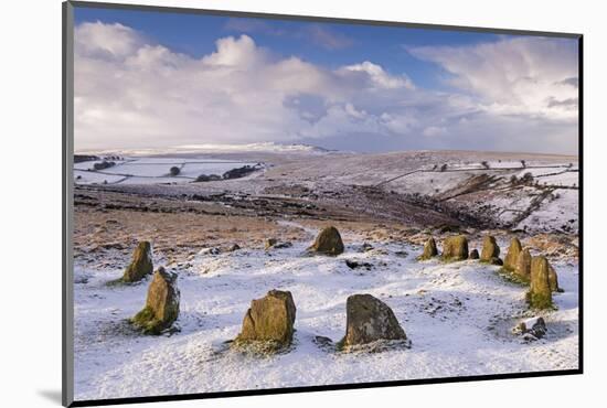 Snow covered Nine Maidens cairn circle on Belstone Common, Dartmoor, Devon, England. Winter (Januar-Adam Burton-Mounted Photographic Print