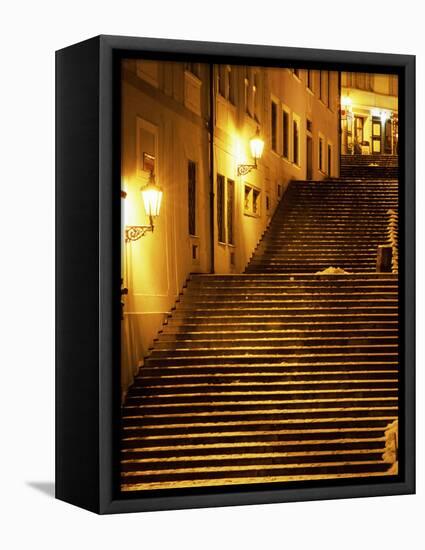 Snow Covered Radnicke Steps in Mala Strana Suburb at Night, Prague, Czech Republic, Europe-Richard Nebesky-Framed Premier Image Canvas