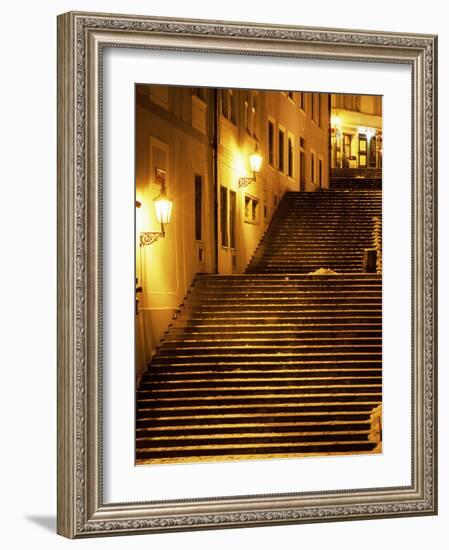 Snow Covered Radnicke Steps in Mala Strana Suburb at Night, Prague, Czech Republic, Europe-Richard Nebesky-Framed Photographic Print