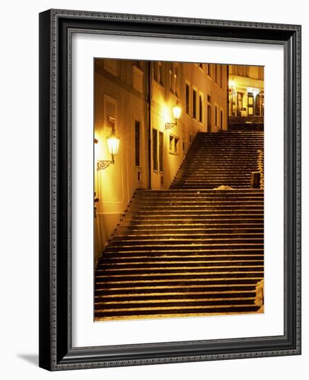 Snow Covered Radnicke Steps in Mala Strana Suburb at Night, Prague, Czech Republic, Europe-Richard Nebesky-Framed Photographic Print