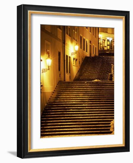 Snow Covered Radnicke Steps in Mala Strana Suburb at Night, Prague, Czech Republic, Europe-Richard Nebesky-Framed Photographic Print