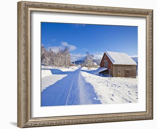 Snow Covered Road, Barn and Chalets in Norwegian Village of Laukslett, Troms, North Norway, Scandin-Neale Clark-Framed Photographic Print