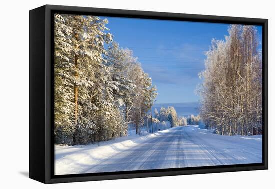 Snow Covered Road, Near Lulea, Northern Sweden-Peter Adams-Framed Premier Image Canvas