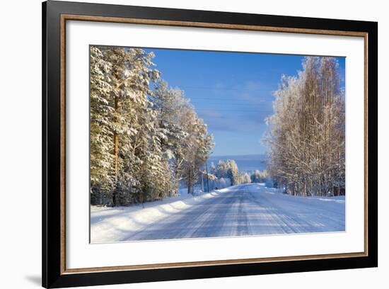 Snow Covered Road, Near Lulea, Northern Sweden-Peter Adams-Framed Photographic Print