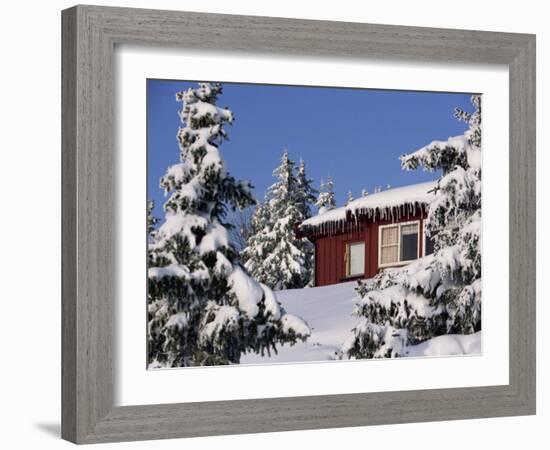 Snow Covered Trees and House, with Icicles, Near Sjusjoen, Lillehammer Area, Norway, Scandinavia-Woolfitt Adam-Framed Photographic Print