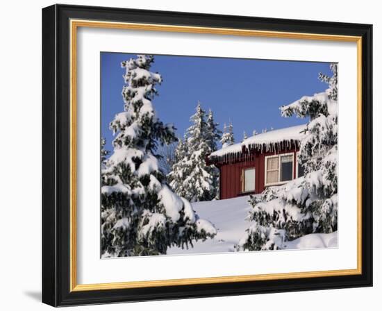 Snow Covered Trees and House, with Icicles, Near Sjusjoen, Lillehammer Area, Norway, Scandinavia-Woolfitt Adam-Framed Photographic Print