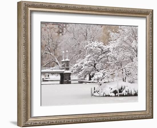 Snow covered trees with a footbridge in a public park, Boston Public Garden, Boston, Massachusetts,-Mark Hunt-Framed Photographic Print