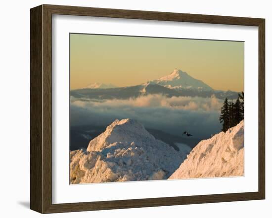 Snow-covered view of Mt Jefferson and Three Sisters Mountains, Oregon, USA-Janis Miglavs-Framed Photographic Print