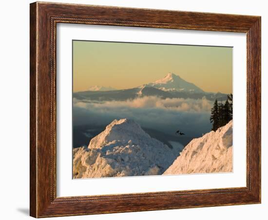 Snow-covered view of Mt Jefferson and Three Sisters Mountains, Oregon, USA-Janis Miglavs-Framed Photographic Print