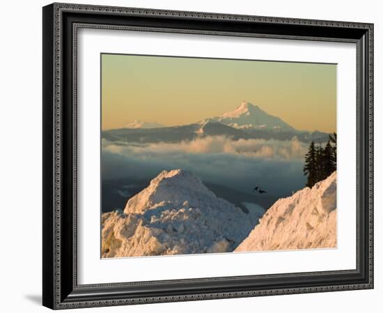 Snow-covered view of Mt Jefferson and Three Sisters Mountains, Oregon, USA-Janis Miglavs-Framed Photographic Print