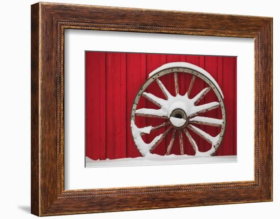 Snow-covered wagon wheels against red barn near town of Banff, Canadian Rockies, Alberta, Canada-Stuart Westmorland-Framed Photographic Print