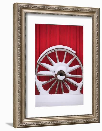 Snow-covered wagon wheels against red barn near town of Banff, Canadian Rockies, Alberta, Canada-Stuart Westmorland-Framed Photographic Print