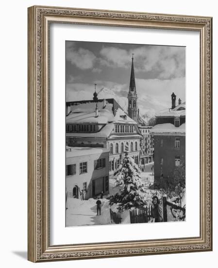 Snow-Covered Winter-Resort Village St. Moritz. Evangelical Church in Background-Alfred Eisenstaedt-Framed Photographic Print