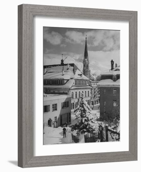 Snow-Covered Winter-Resort Village St. Moritz. Evangelical Church in Background-Alfred Eisenstaedt-Framed Photographic Print