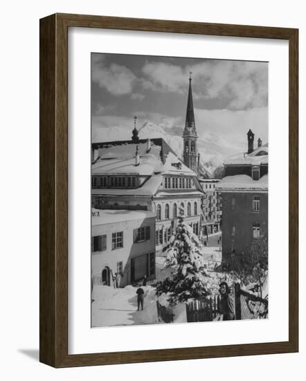 Snow-Covered Winter-Resort Village St. Moritz. Evangelical Church in Background-Alfred Eisenstaedt-Framed Photographic Print