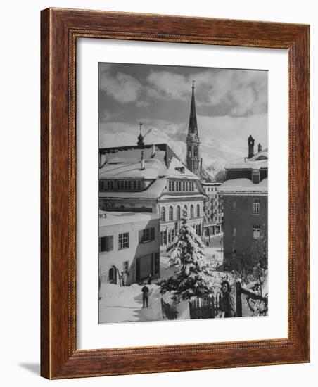 Snow-Covered Winter-Resort Village St. Moritz. Evangelical Church in Background-Alfred Eisenstaedt-Framed Photographic Print