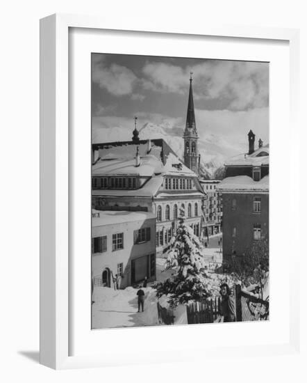 Snow-Covered Winter-Resort Village St. Moritz. Evangelical Church in Background-Alfred Eisenstaedt-Framed Photographic Print