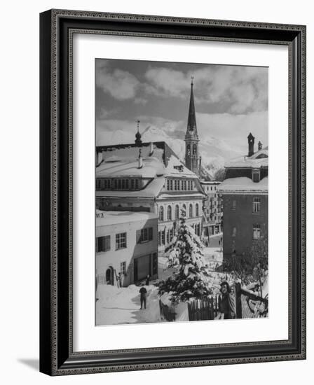 Snow-Covered Winter-Resort Village St. Moritz. Evangelical Church in Background-Alfred Eisenstaedt-Framed Photographic Print